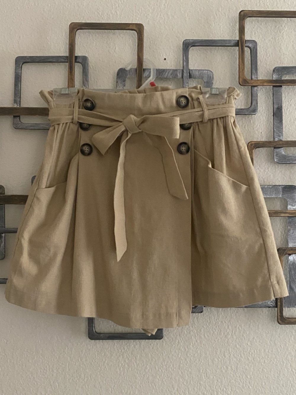 Blu Pepper Khaki A-Line Mini Skort with Tie Belt cotton and linen blend size S
